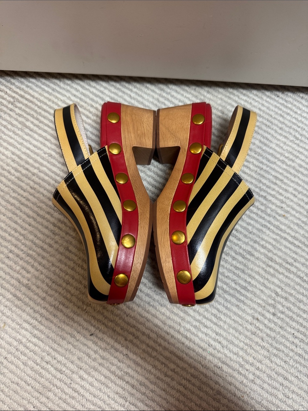 Charlotte Stone Cream & Black Striped Slingback Clogs Red Leather Gold Studs - Picture 7 of 8
